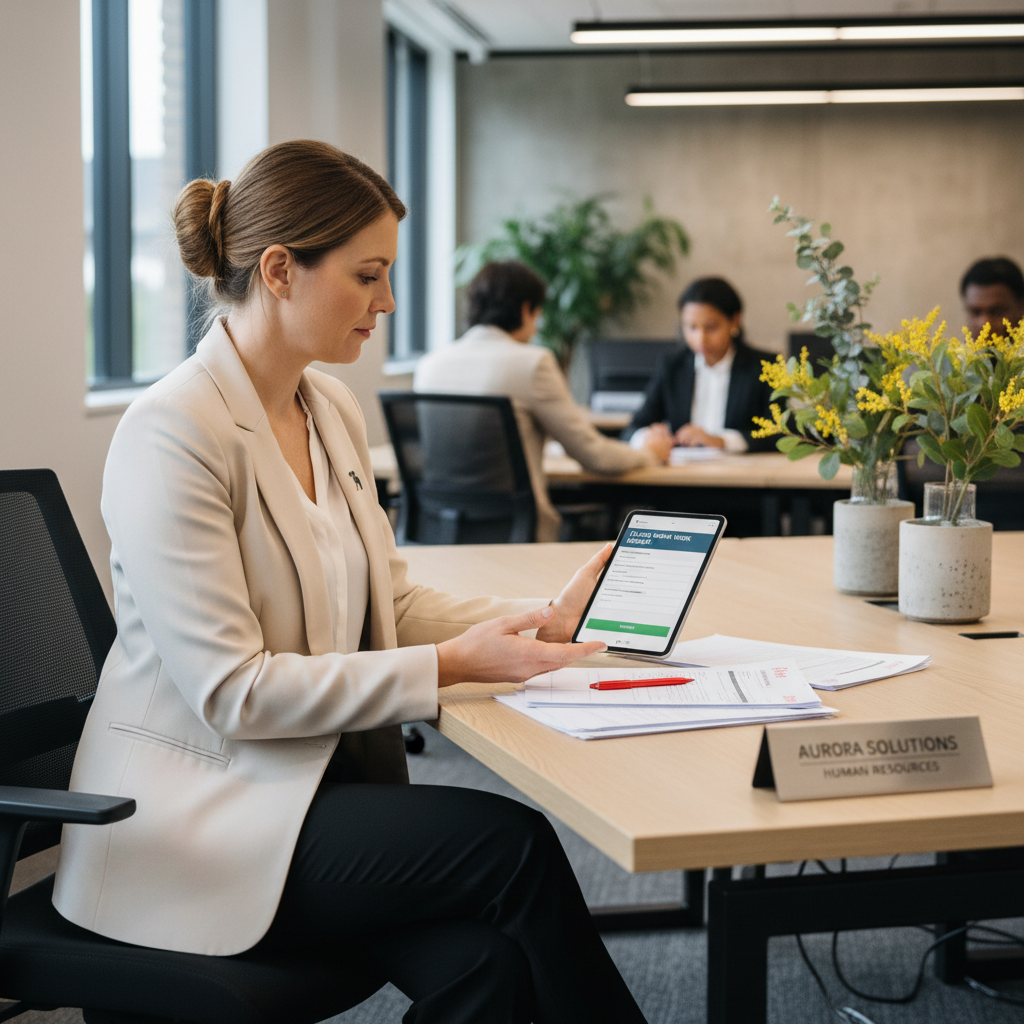 HR manager reviewing flexible work request on tablet in Australian office