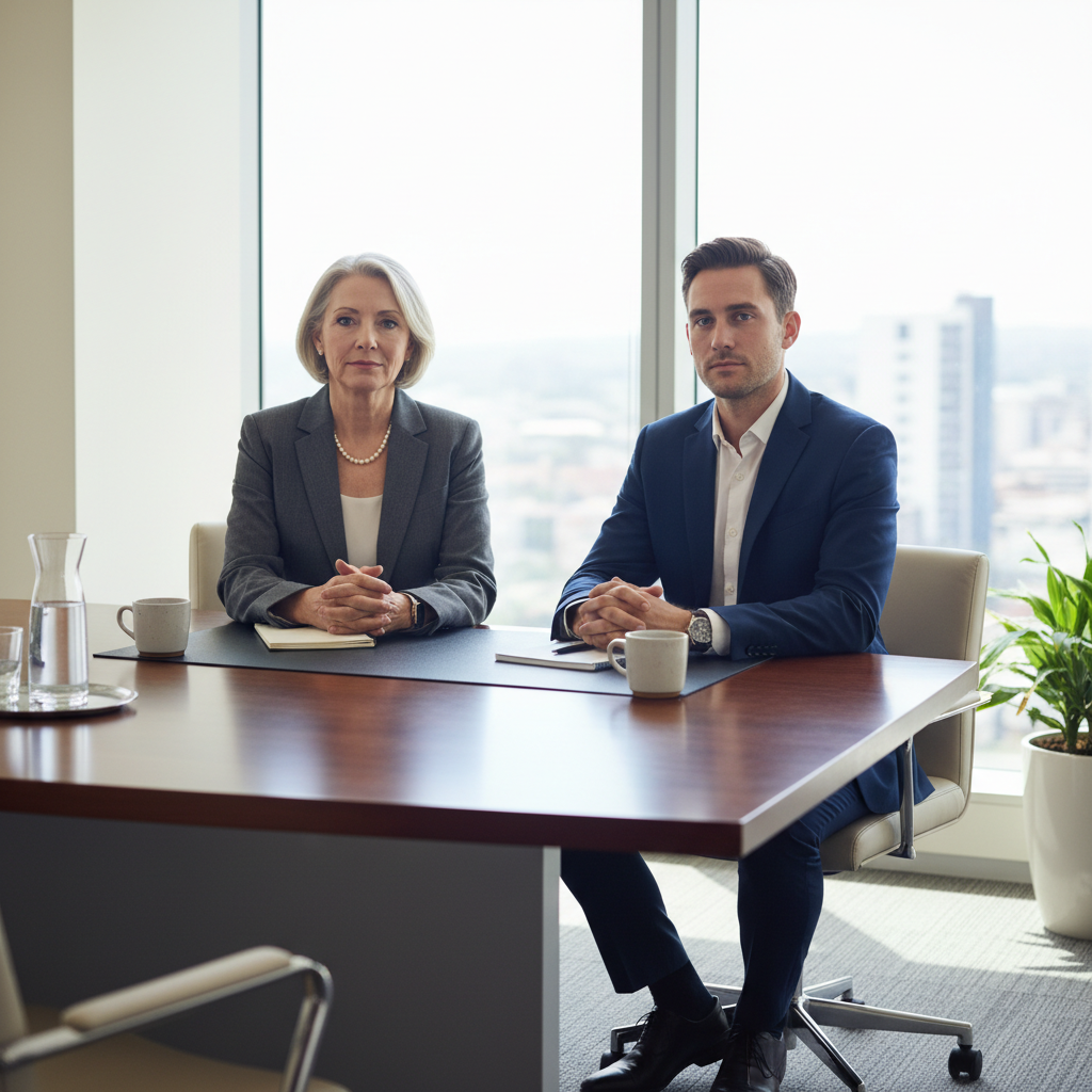 HR manager in professional meeting with employee discussing performance management and employment matters in office