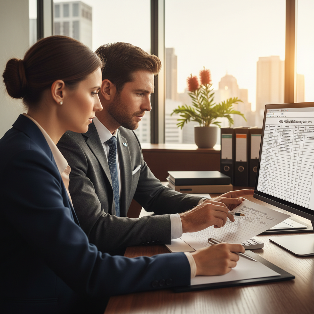HR manager and business owner discussing redundancy selection criteria matrix at desk in professional Australian office