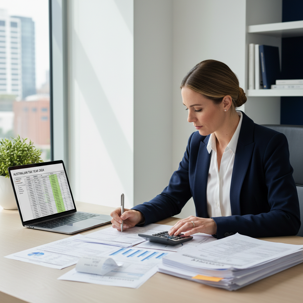 Small business owner reviewing 2026-2027 tax documents with accountant in Australian office