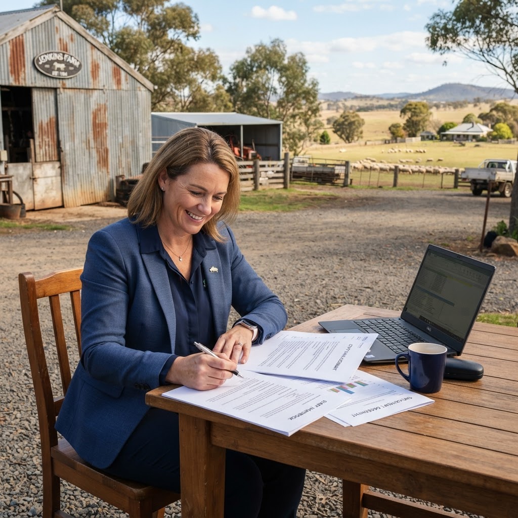 Australian farm business owner reviewing HR and employment documents