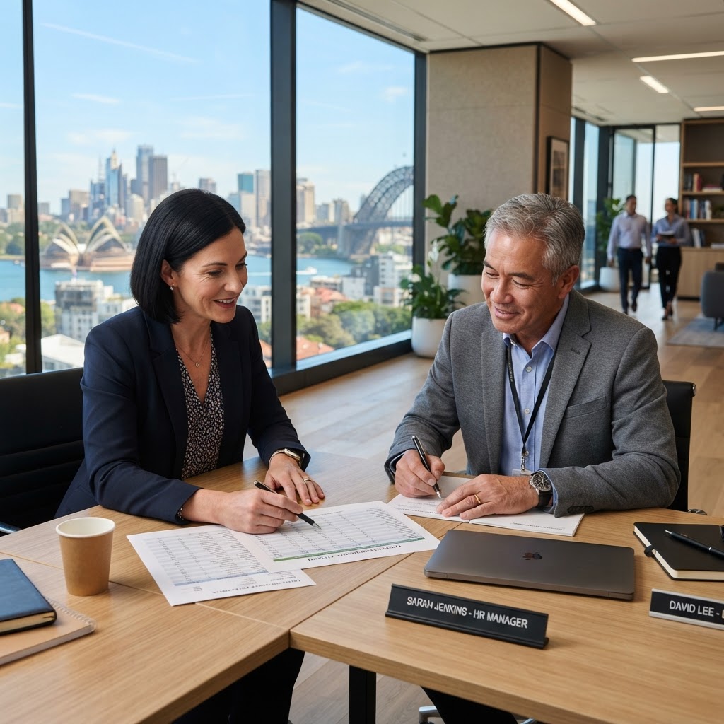 HR manager and business owner reviewing annual leave carryover and cashing out compliance requirements in modern Sydney office