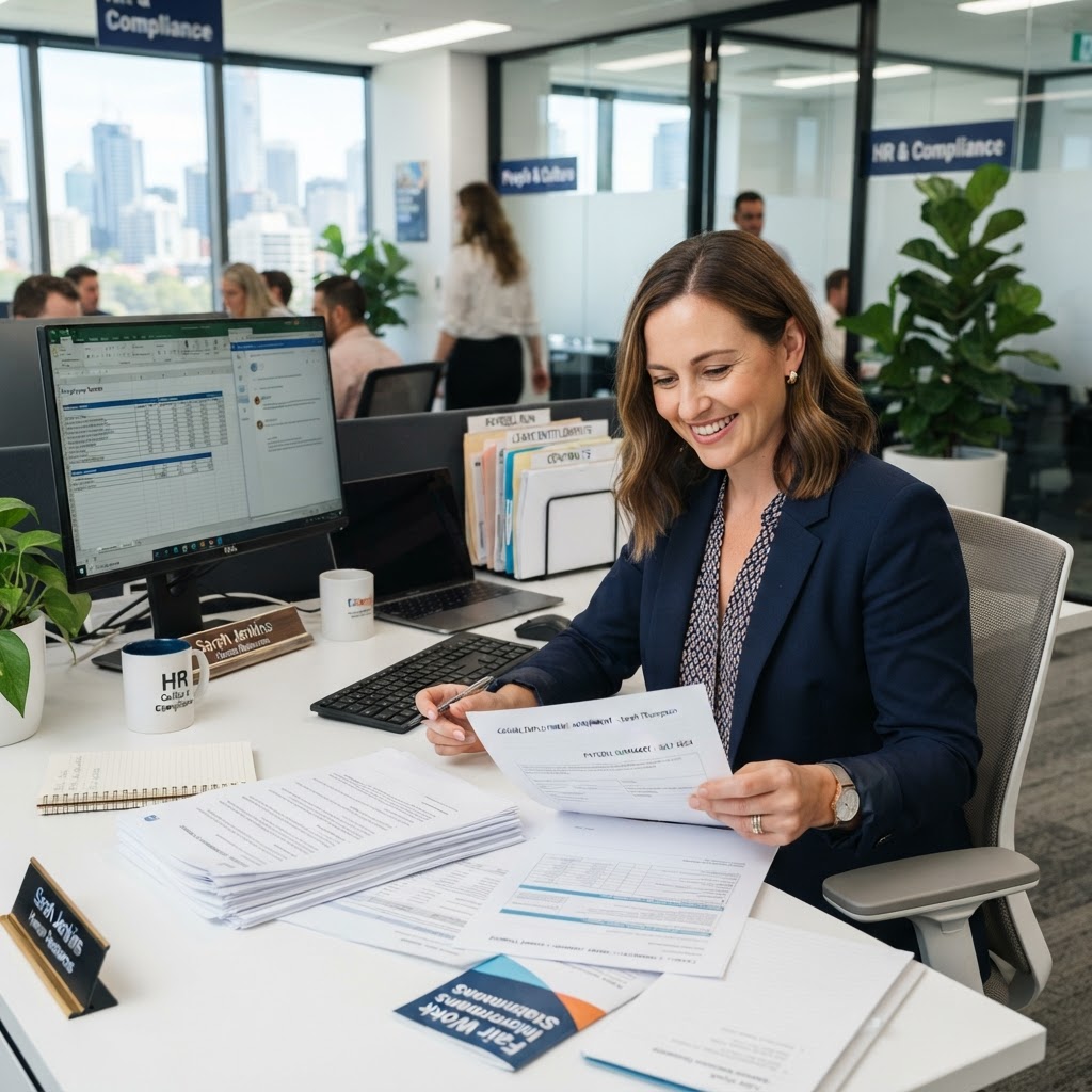 HR manager reviewing casual employee annual leave entitlements and payroll documentation