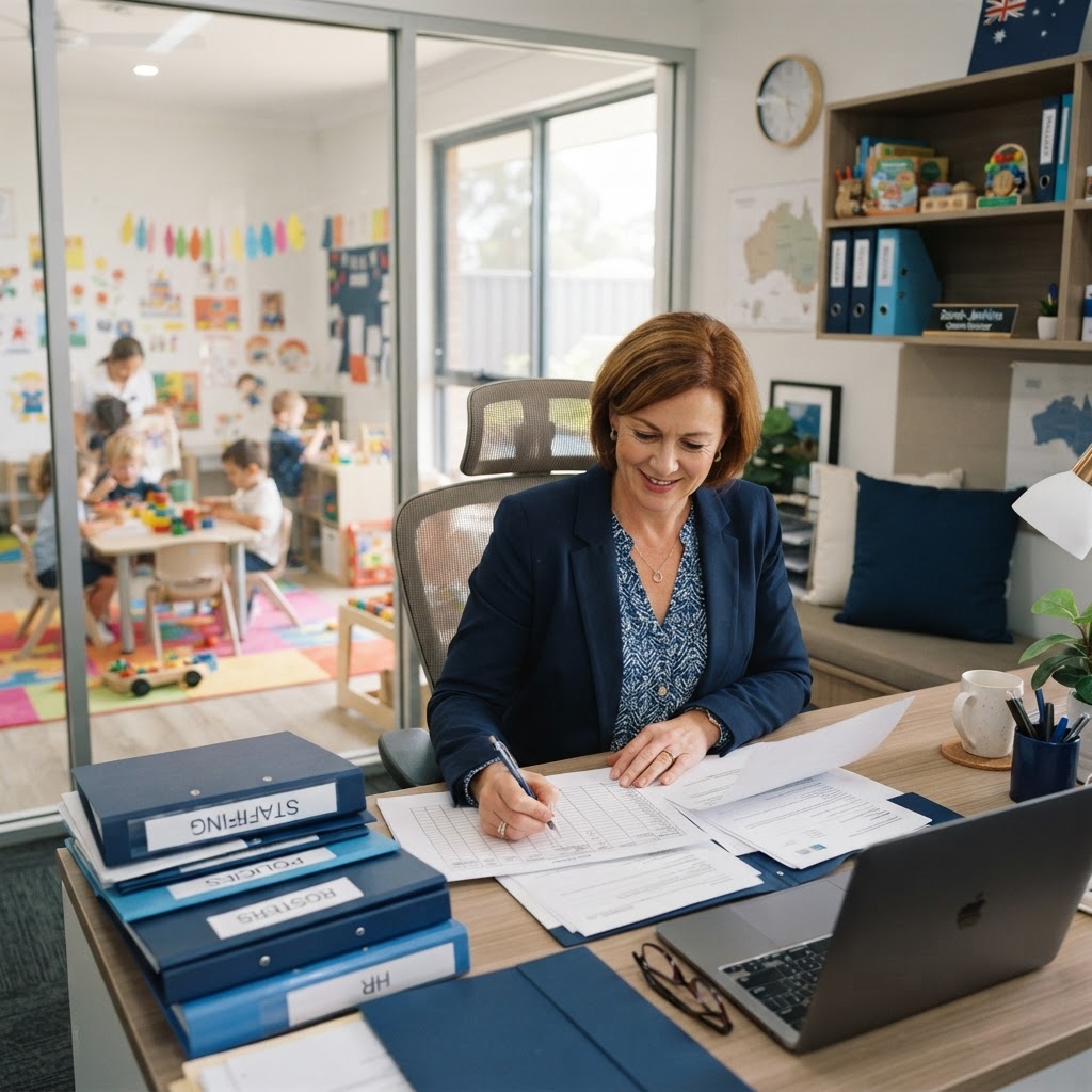 Australian childcare centre director reviewing staff HR documents