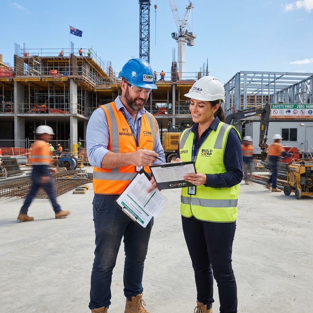 Australian construction site supervisor reviewing employment documents