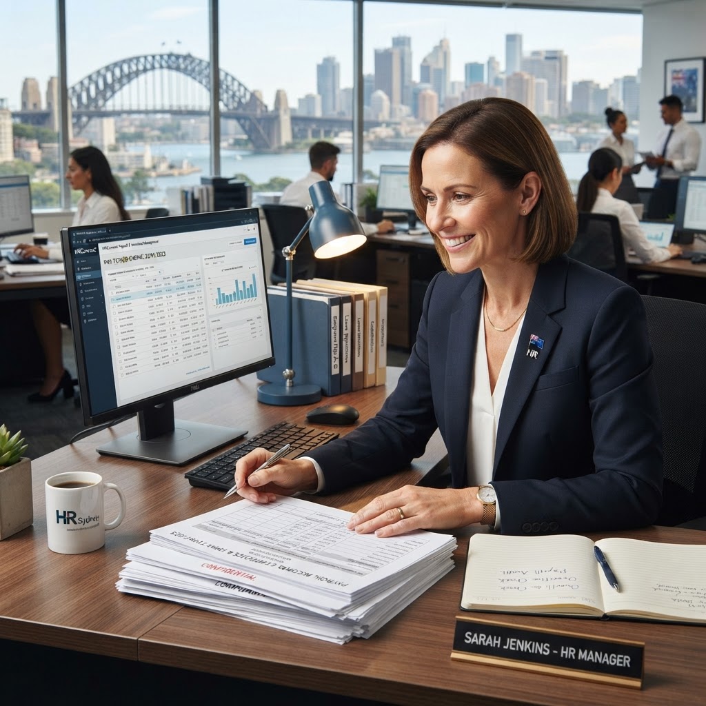 Australian HR manager reviewing employee timesheets and payroll records in office
