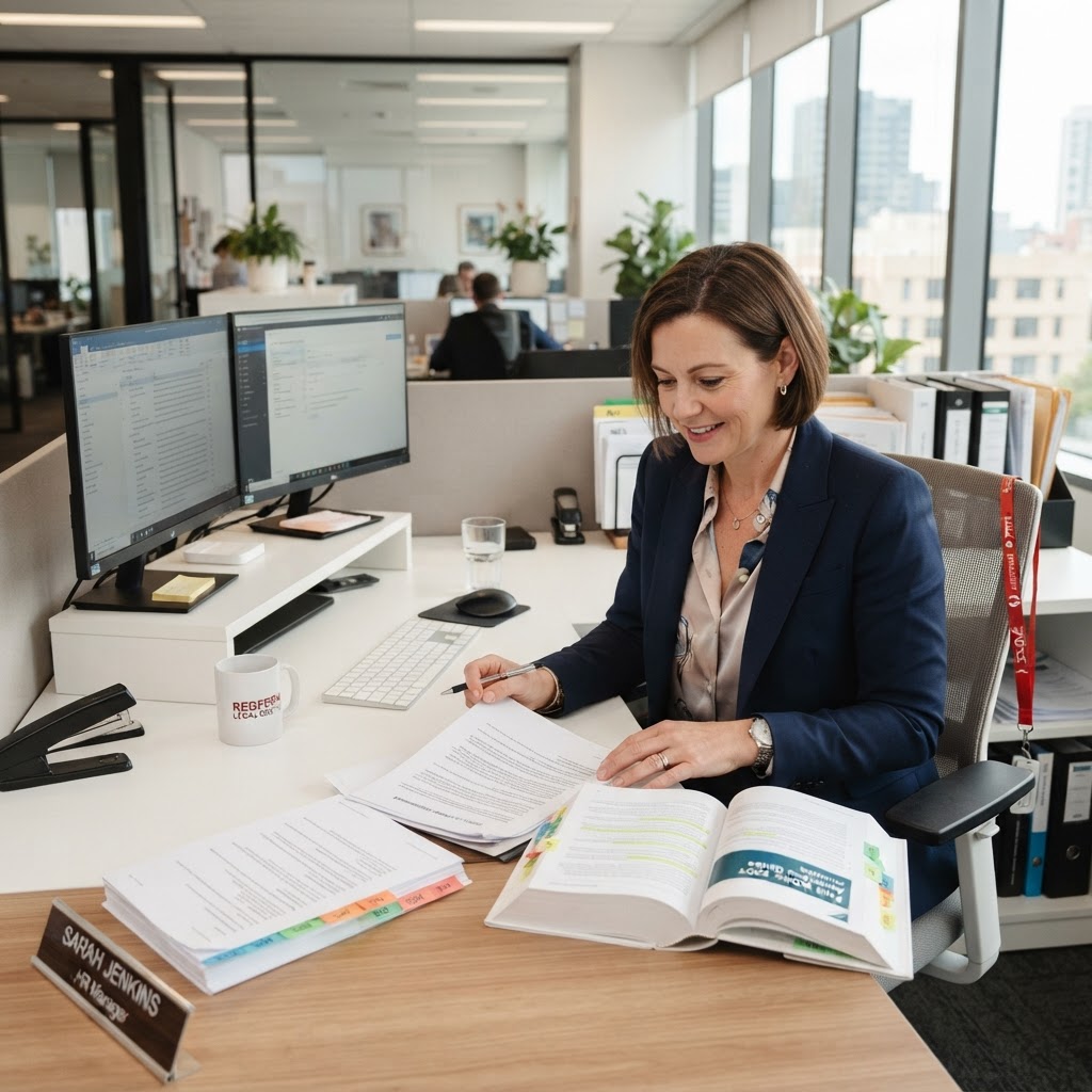 HR professional reviewing employment contract clauses for Fair Work compliance in modern Australian office