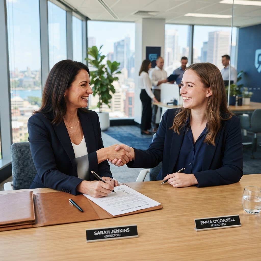 Australian employer and new employee signing an employment contract in a modern office