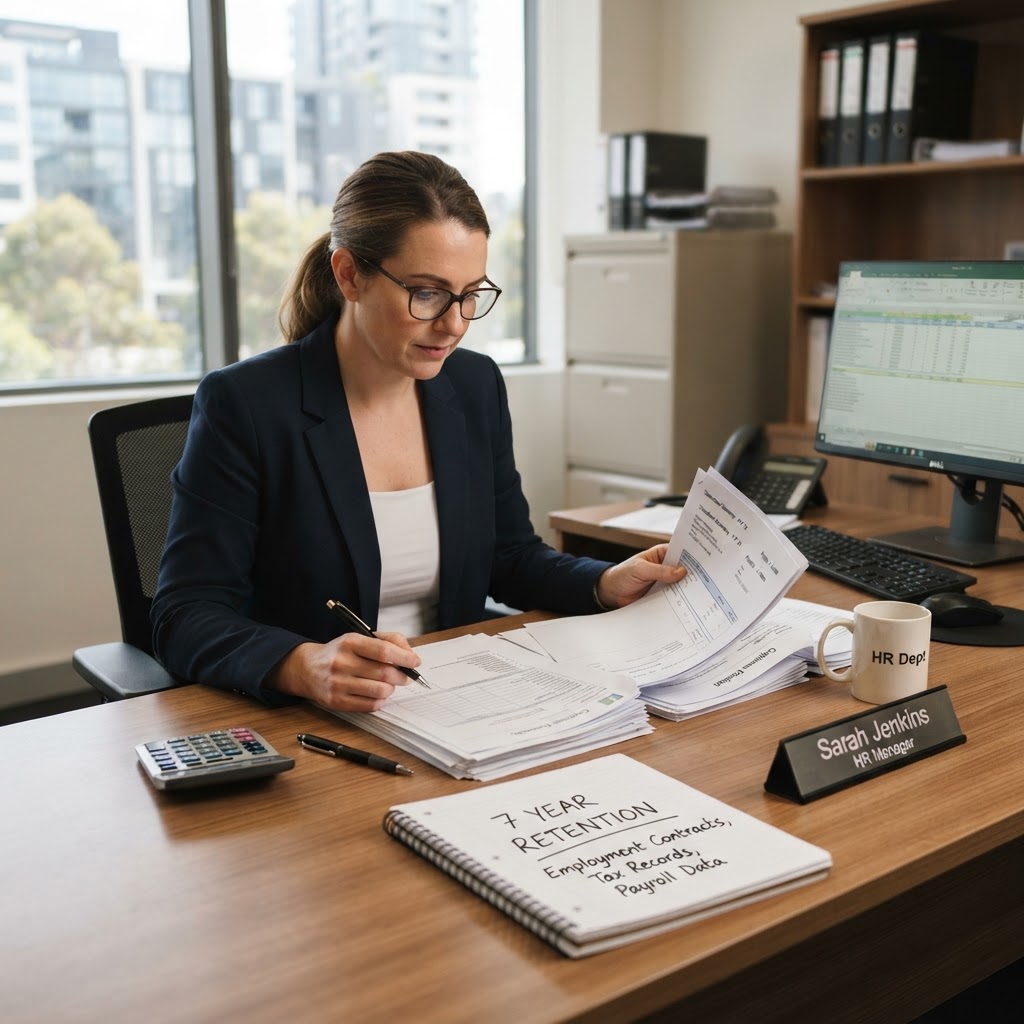 Australian employer reviewing employment records and payroll documentation for Fair Work compliance