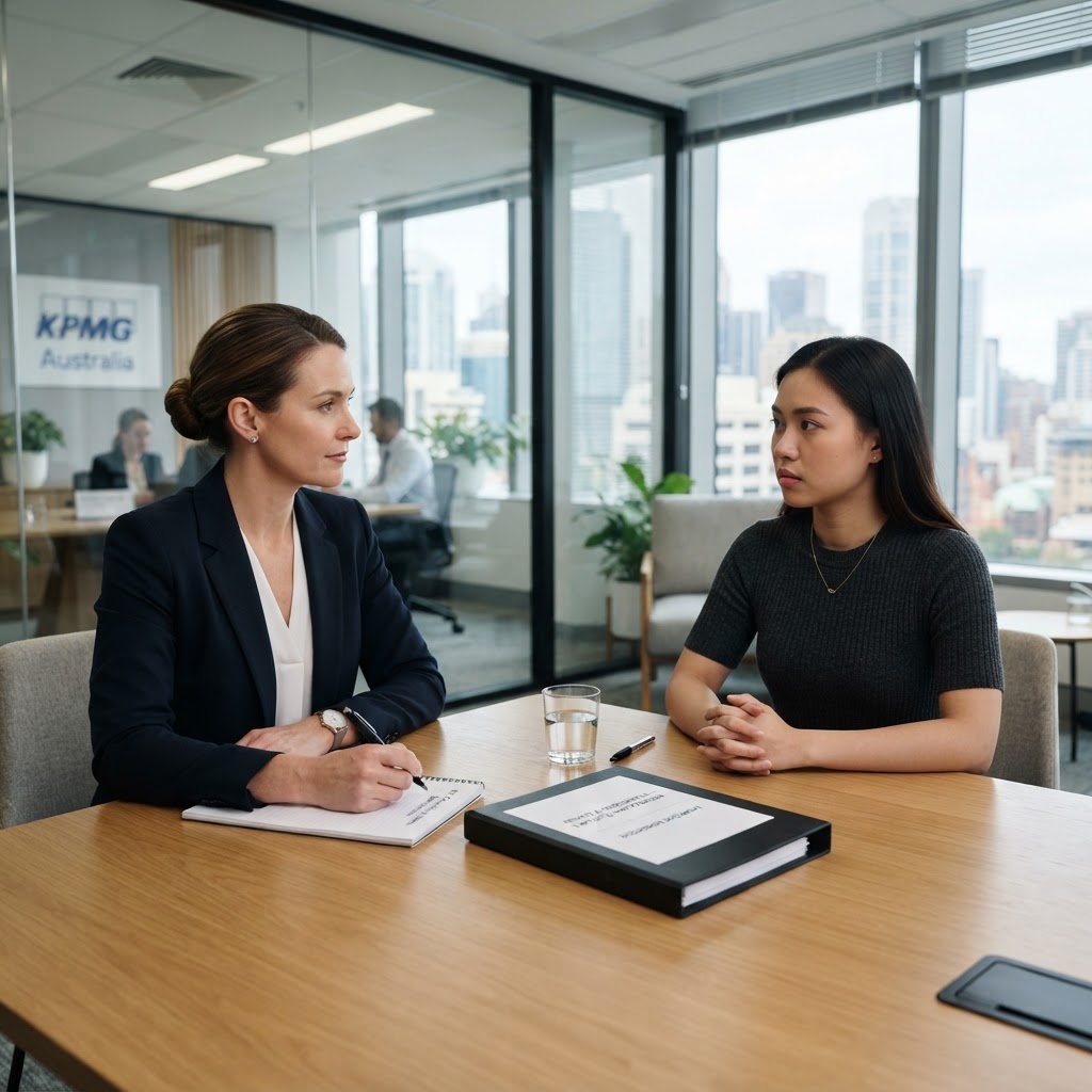Fair workplace misconduct investigation: HR manager and employee meeting professionally with documents, ensuring procedural fairness and avoiding unfair dismissal claims