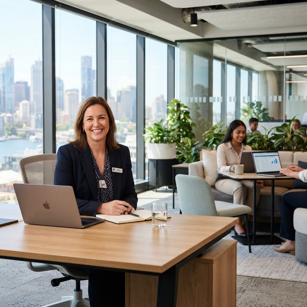 Professional Australian HR manager assessing flexible work request in modern corporate office with flexible workplace environment
