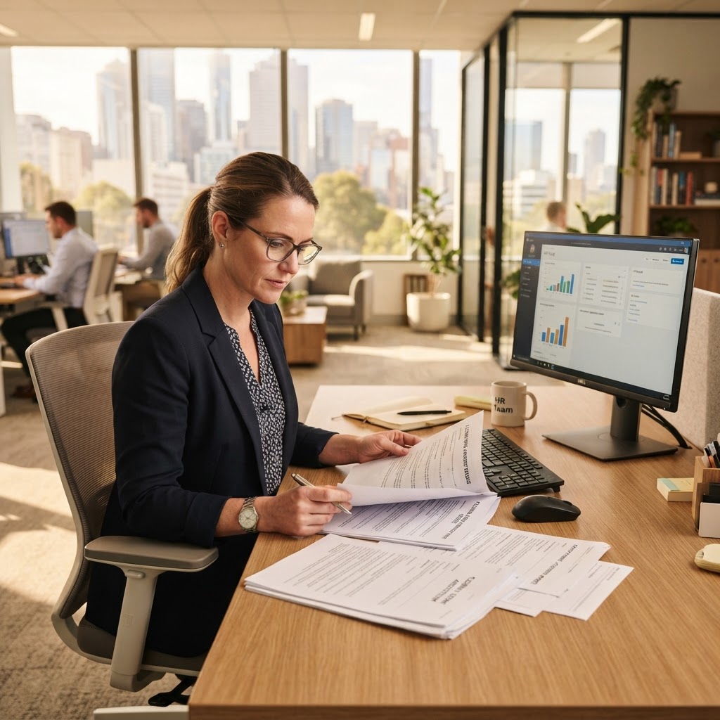 HR manager reviewing flexible work request documentation in professional Australian corporate office setting