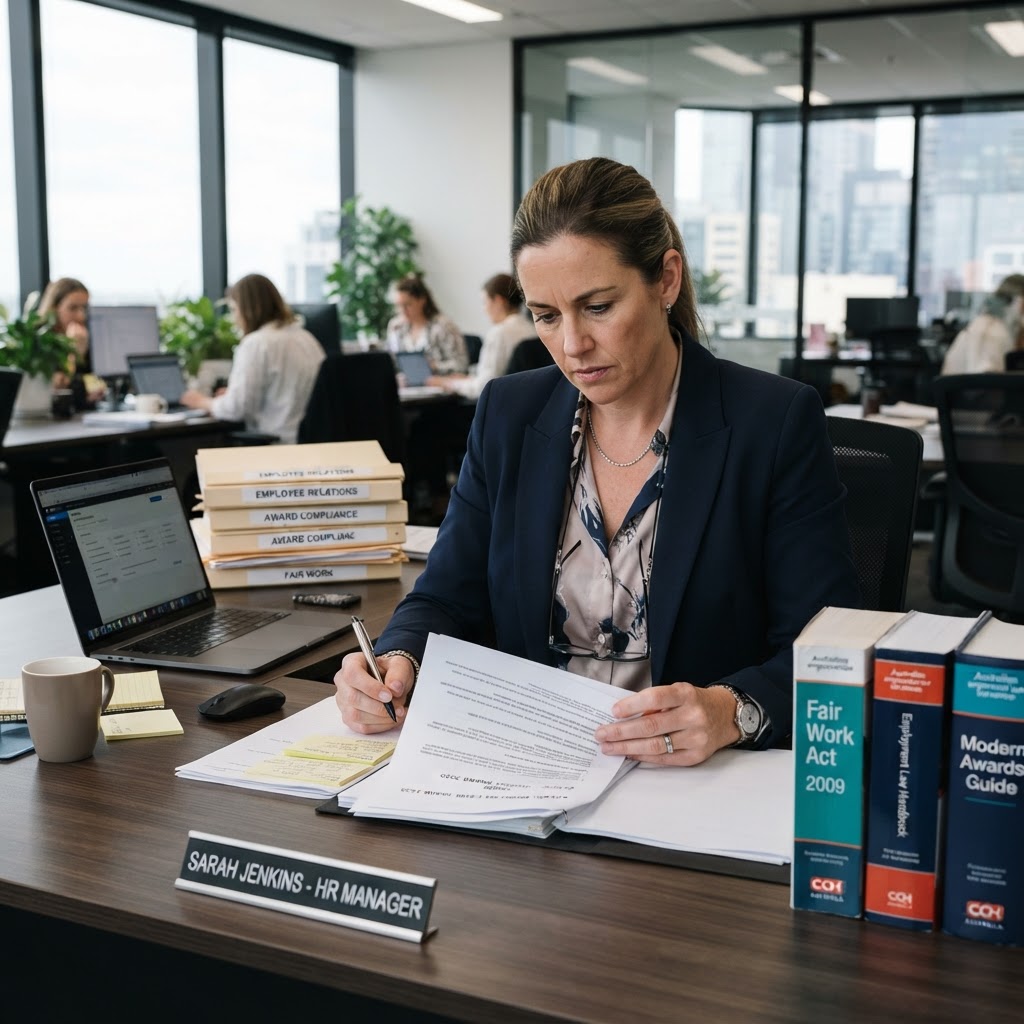 Australian HR manager reviewing modern award documents at a desk with employment law reference materials