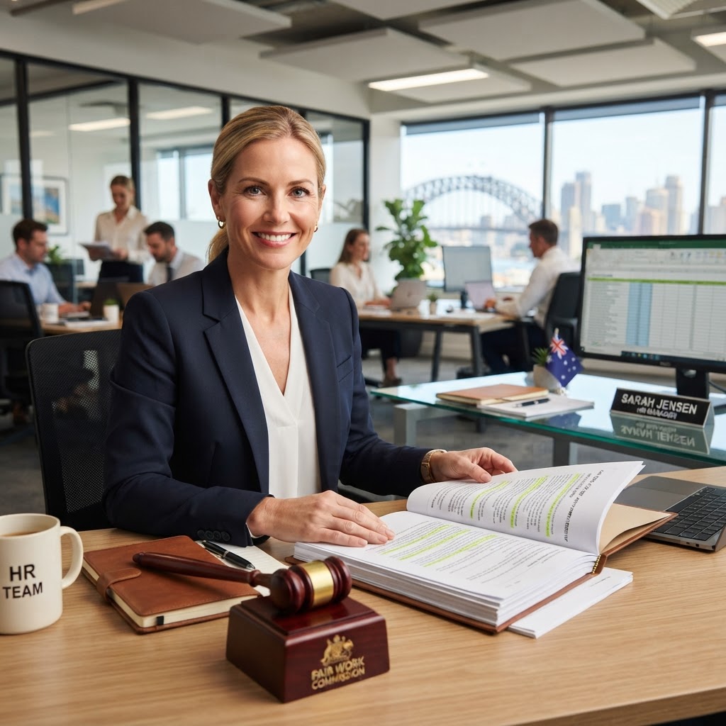 Professional HR manager reviewing general protections defence documentation in modern Australian office, Fair Work employment law concept
