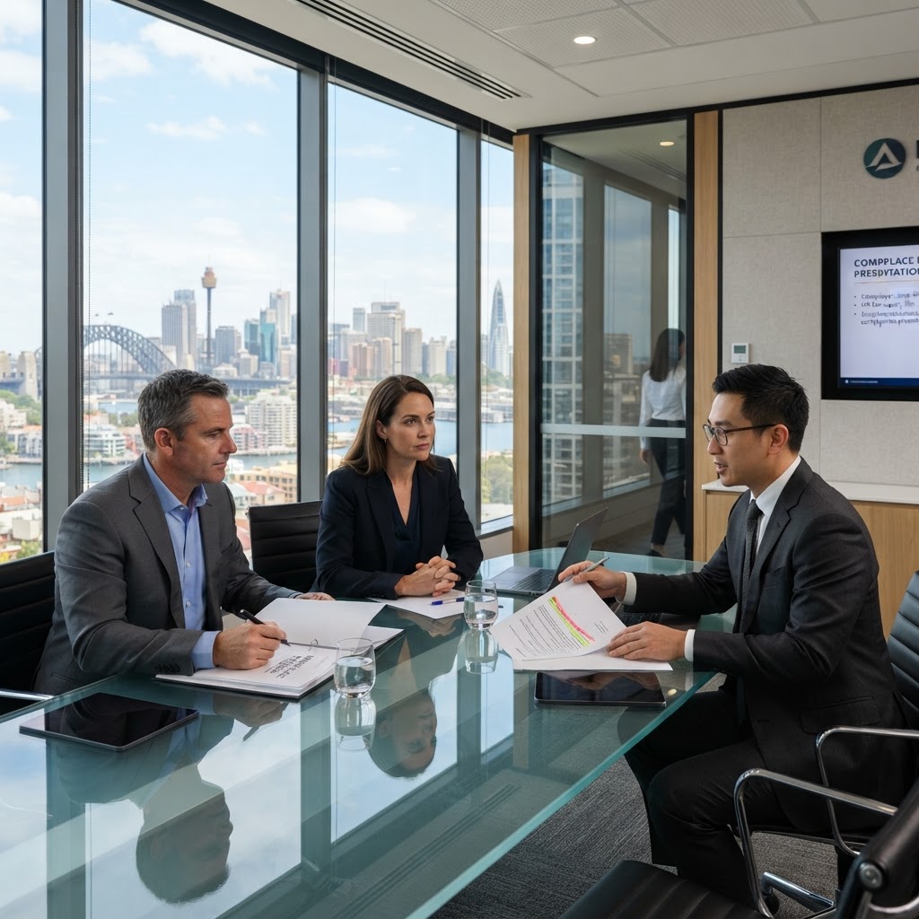 Australian employment lawyer and HR manager discussing general protections claims defence strategy in corporate office