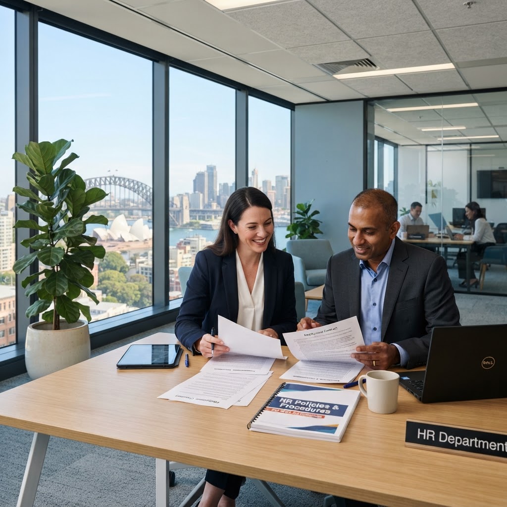 Professional HR team reviewing employment law compliance and general protections documentation in modern Australian office