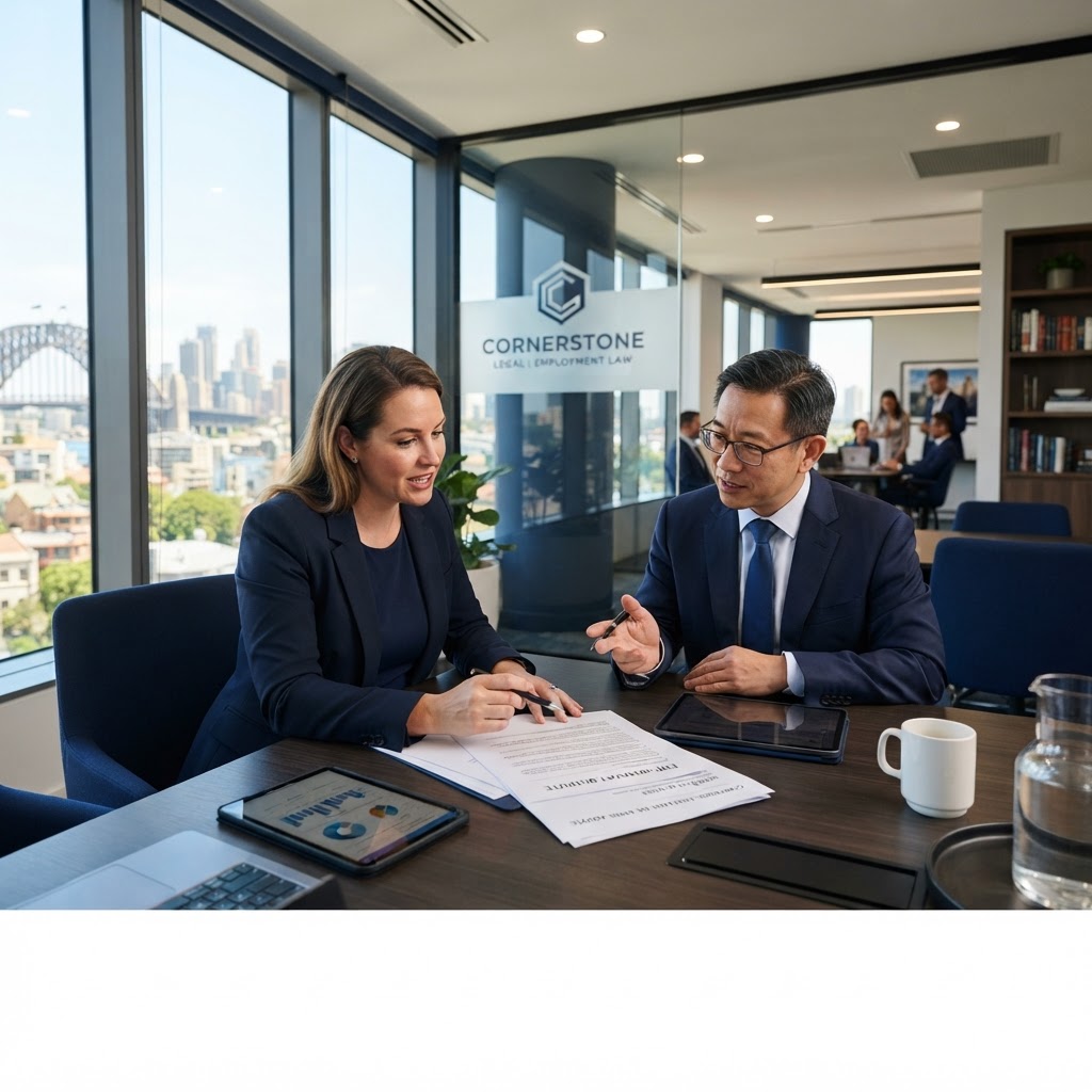 Australian business owner reviewing a general protections claim with an employment lawyer