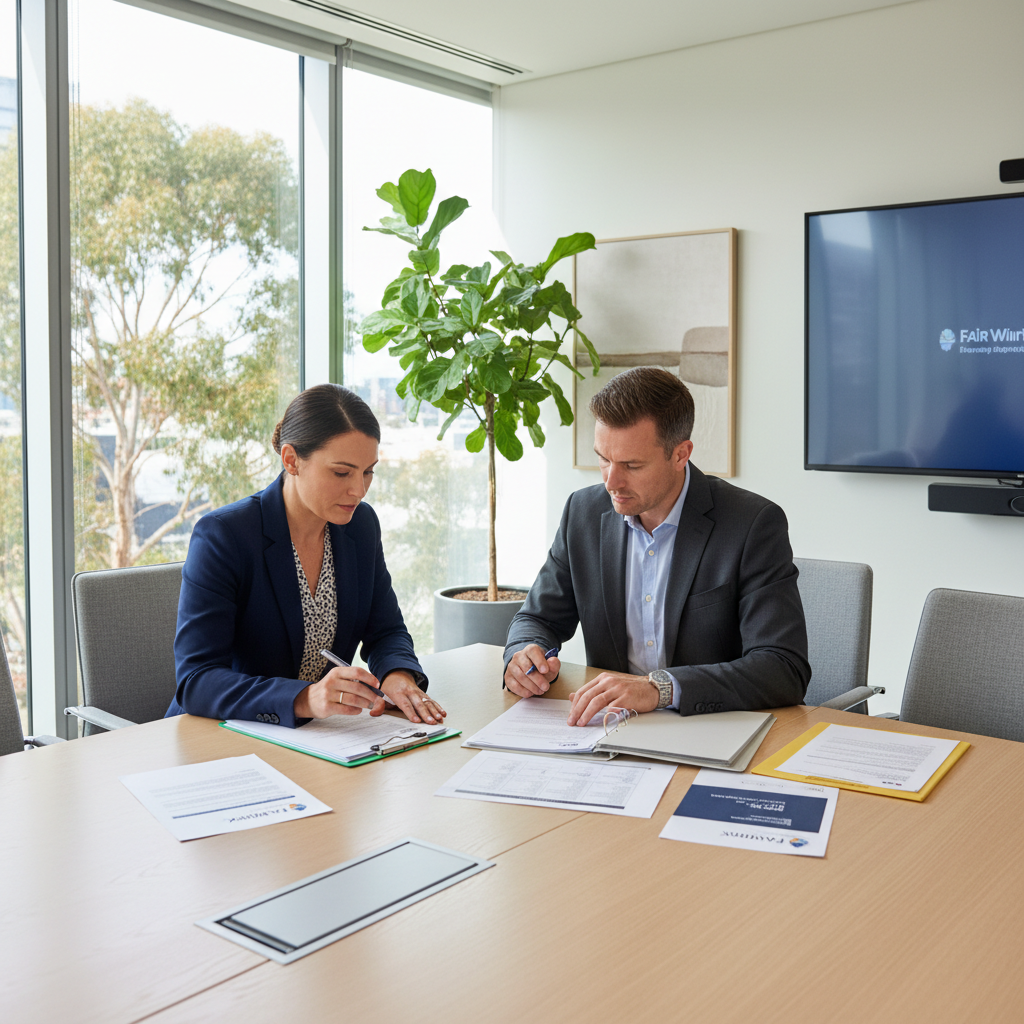 professional Australian HR meeting room discussing general protections and unfair dismissal employment law with Fair Work Act documents