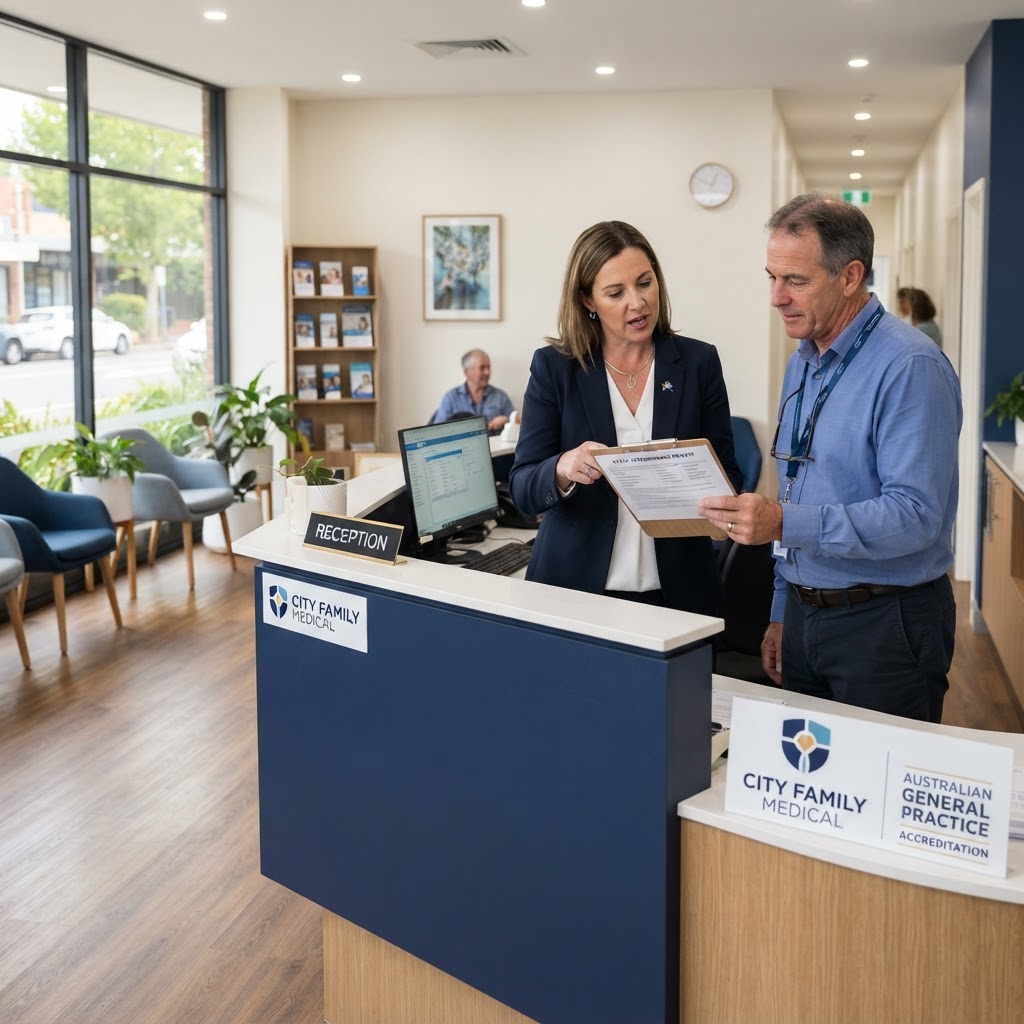 Australian medical practice manager reviewing HR employment documents