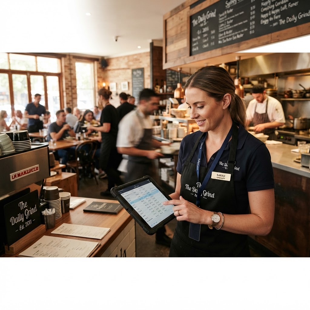 Australian restaurant manager reviewing staff rosters on a tablet