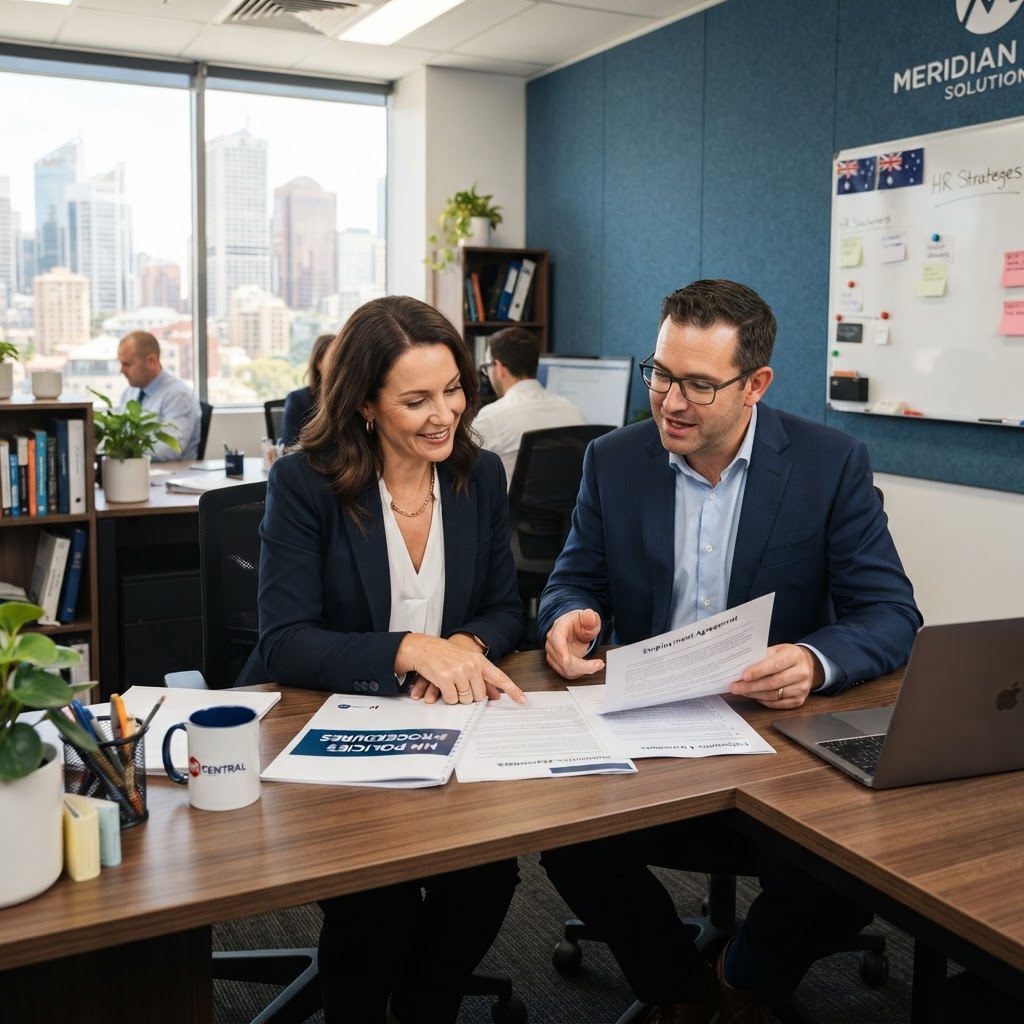 Australian small business owner reviewing HR policy documents with a consultant