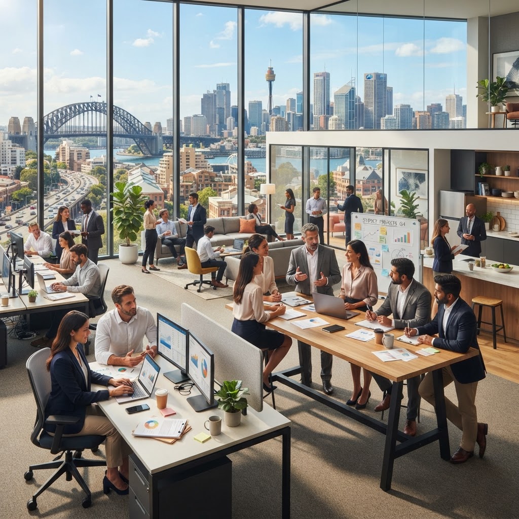 Diverse Australian business team in modern office discussing hybrid work arrangements and return-to-office policy