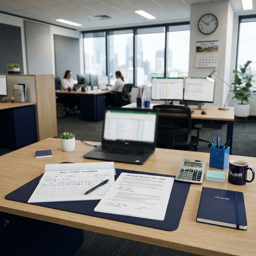 Time in lieu accrual documents and timesheet on HR manager desk