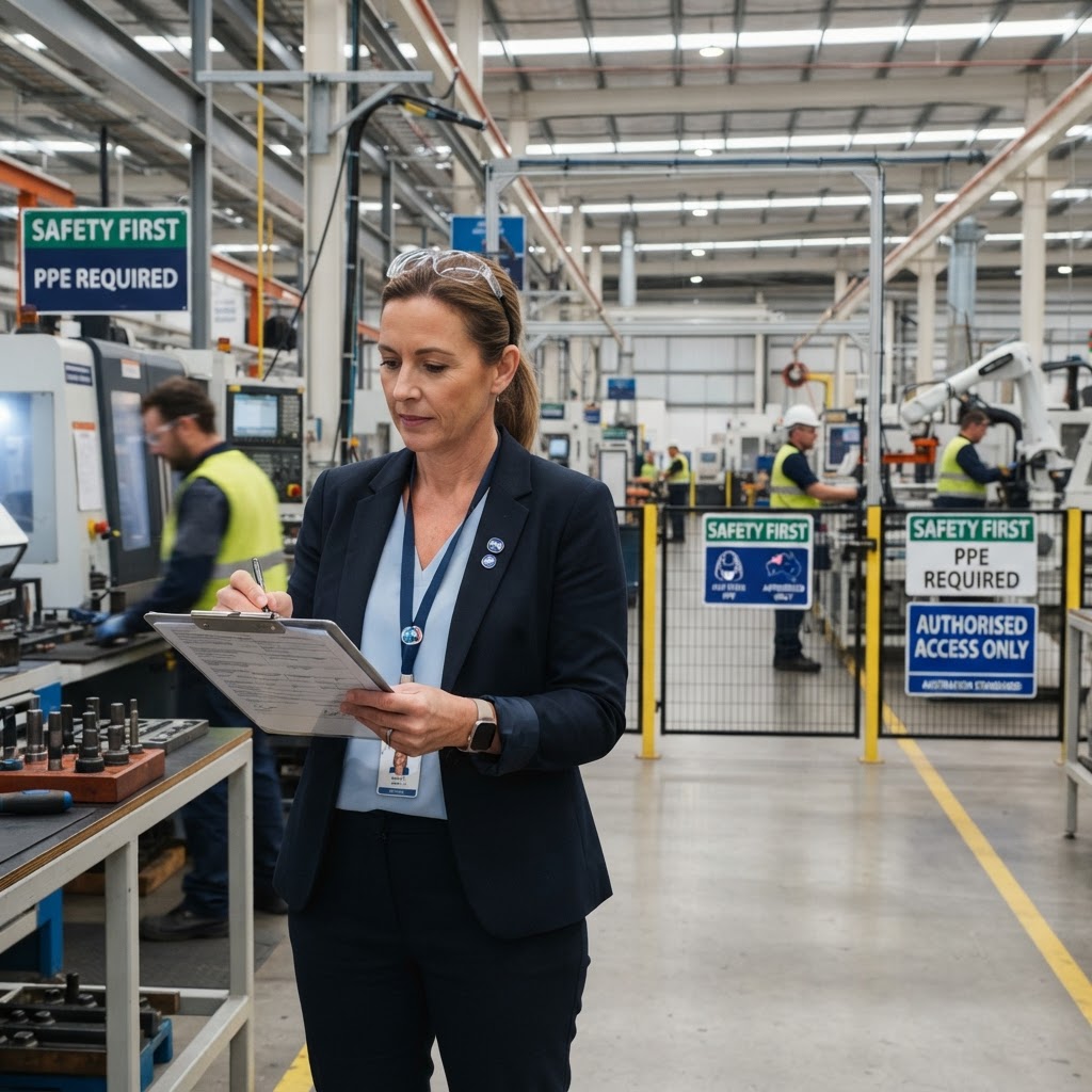 Australian manufacturing plant manager reviewing employment documents