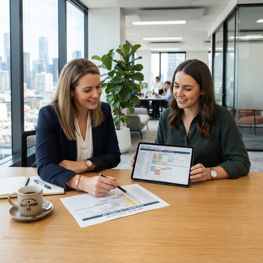 Australian employer manager reviewing rostering schedule and minimum engagement hours checklist on tablet