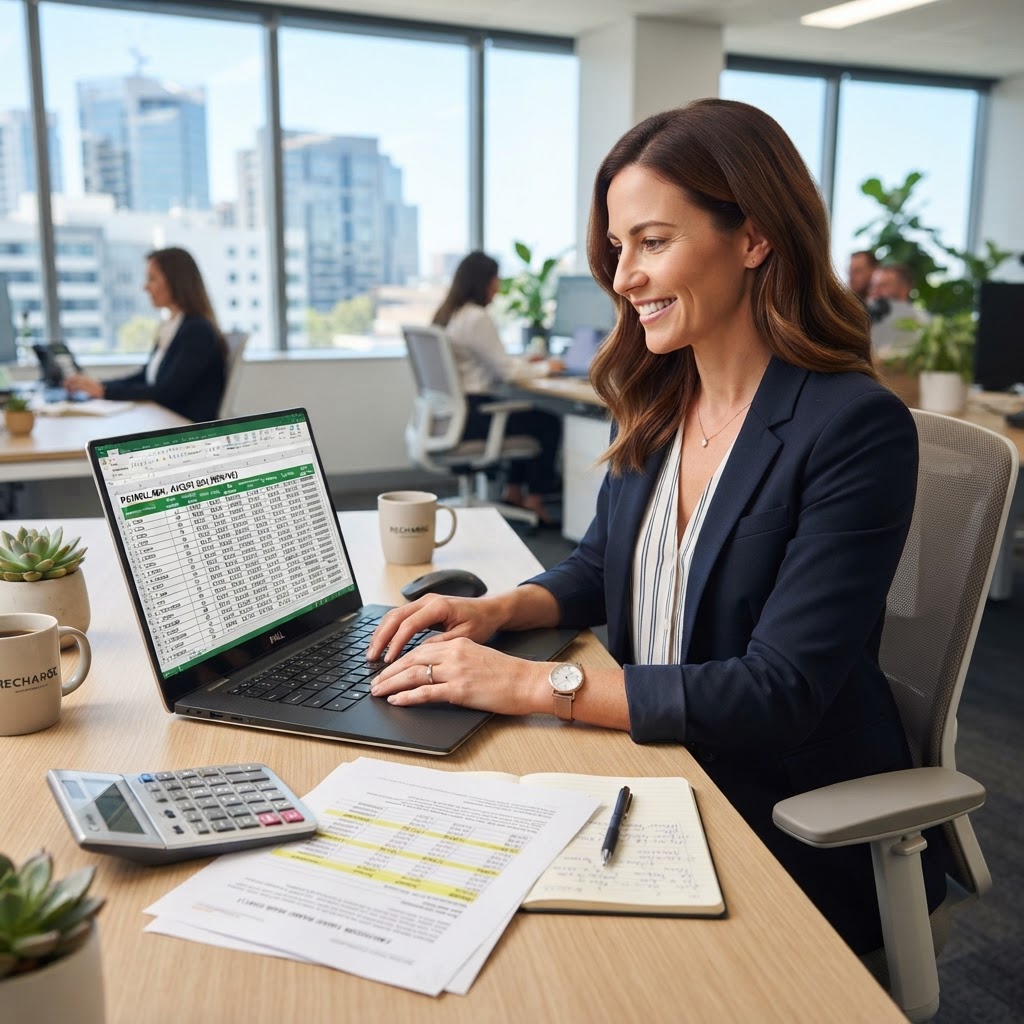 Australian HR manager reviewing payroll compliance and minimum wage rates on laptop in modern office