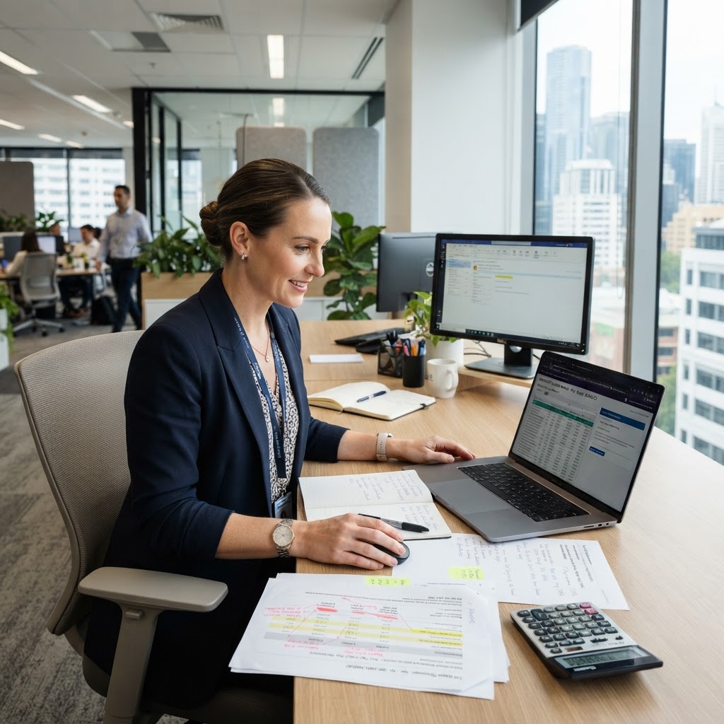 HR payroll manager reviewing modern award wage rates and 2026 pay increases at desk with laptop and calculator