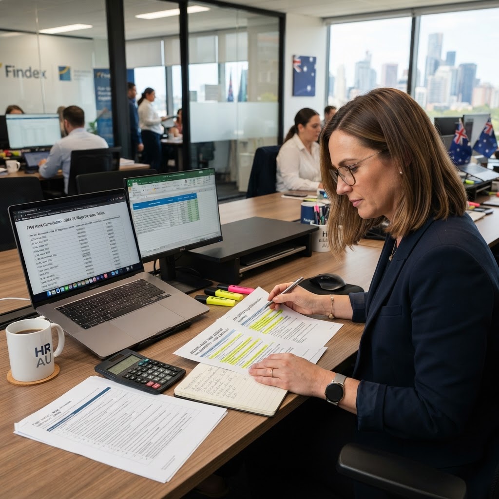 HR manager reviewing 2026 modern award wage increase documentation and payroll compliance spreadsheets