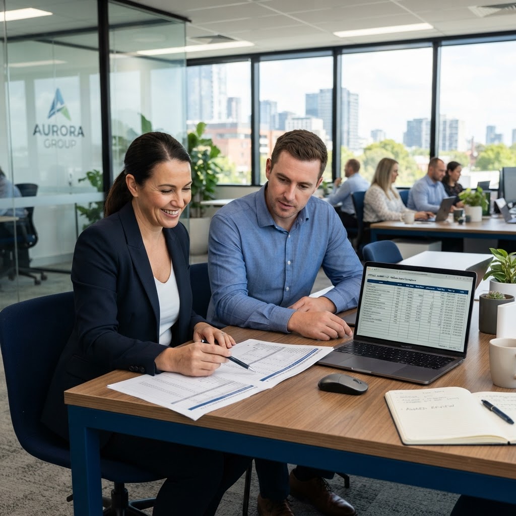Australian HR manager reviewing modern award pay rates on a laptop