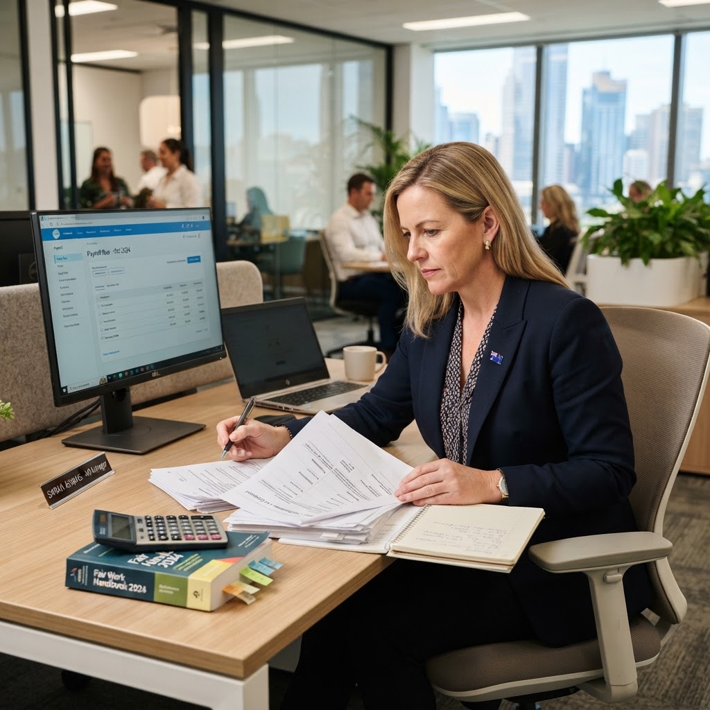 HR manager reviewing National Minimum Wage compliance and payroll records in a professional Australian office