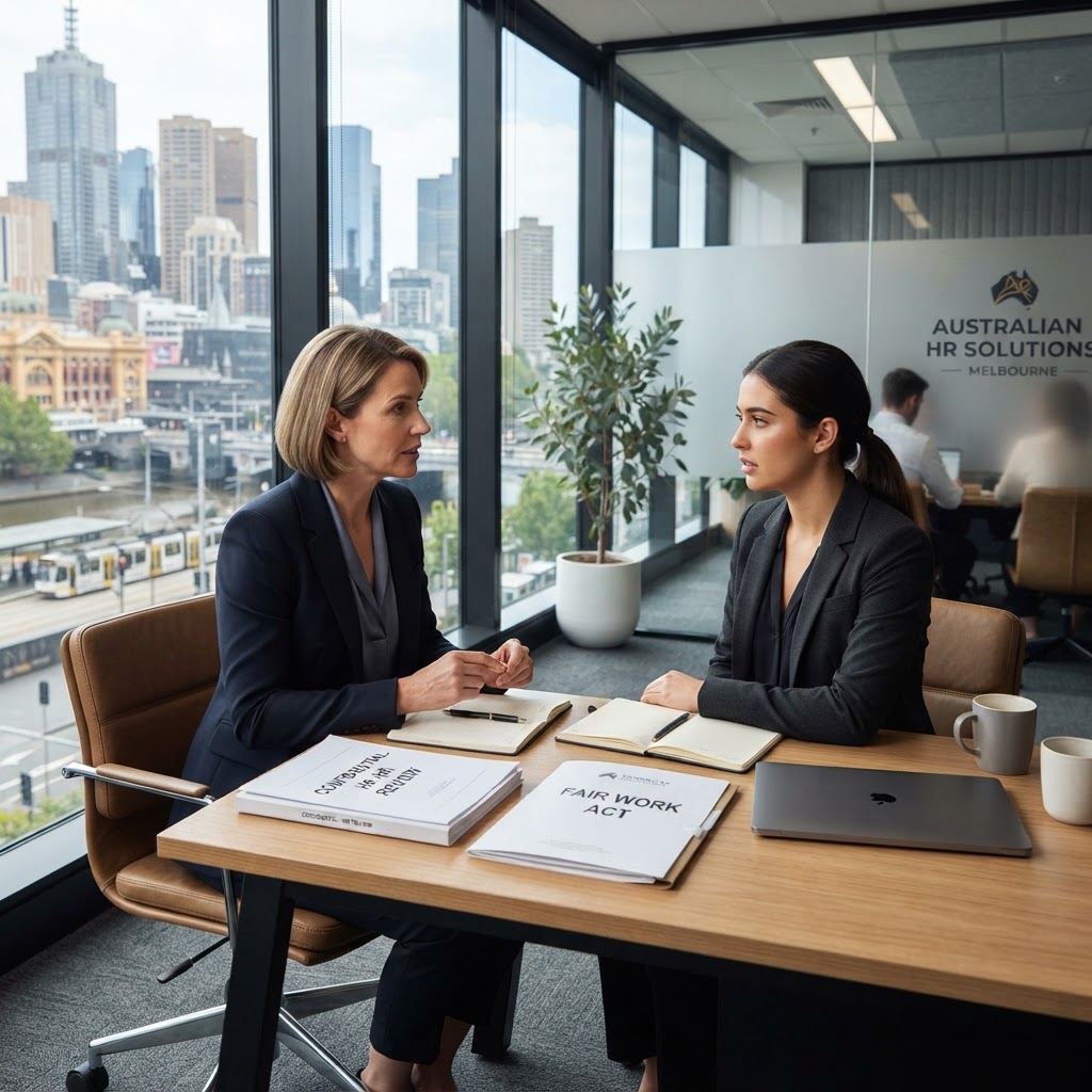 HR professional discussing NDA restrictions and settlement practices with employee in Victoria office sexual harassment compliance 2026