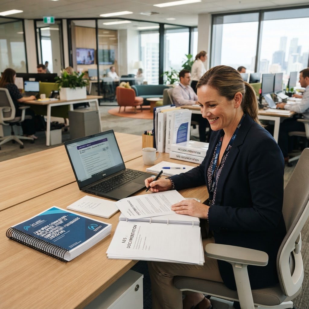 HR manager reviewing NES employment law compliance documentation and Fair Work Commission guides at modern office desk