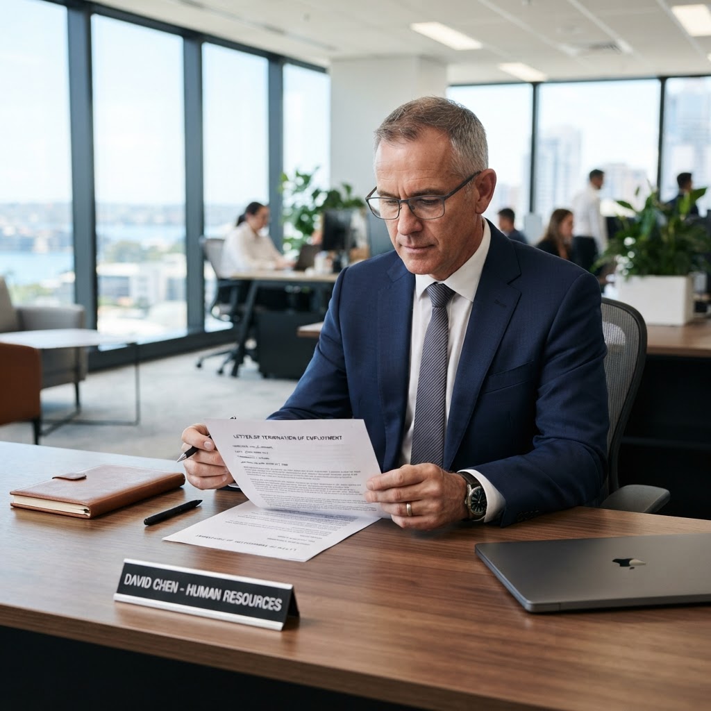 Australian employer HR professional reviewing notice of termination and National Employment Standards requirements compliance guide
