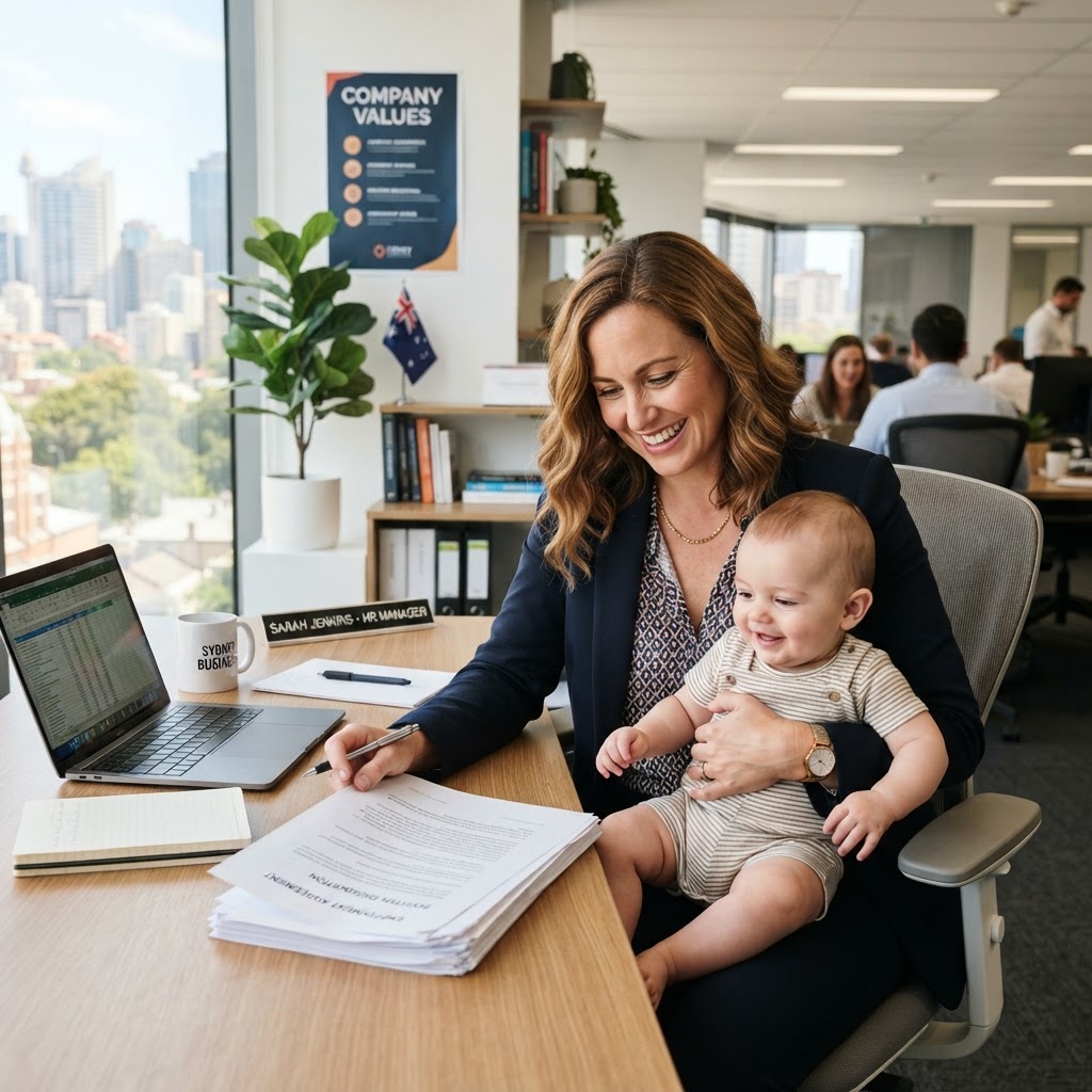 Professional female HR manager holding a baby at work desk while reviewing parental leave employment documents, representing 26-week parental leave 2026 entitlements and employer obligations
