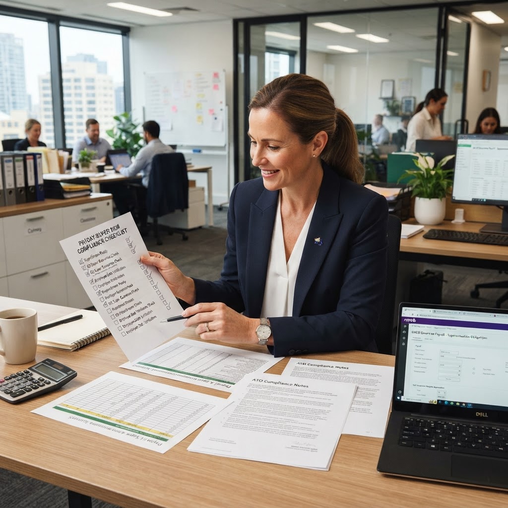 Professional HR payroll officer reviewing payday super contributions compliance checklist 2026