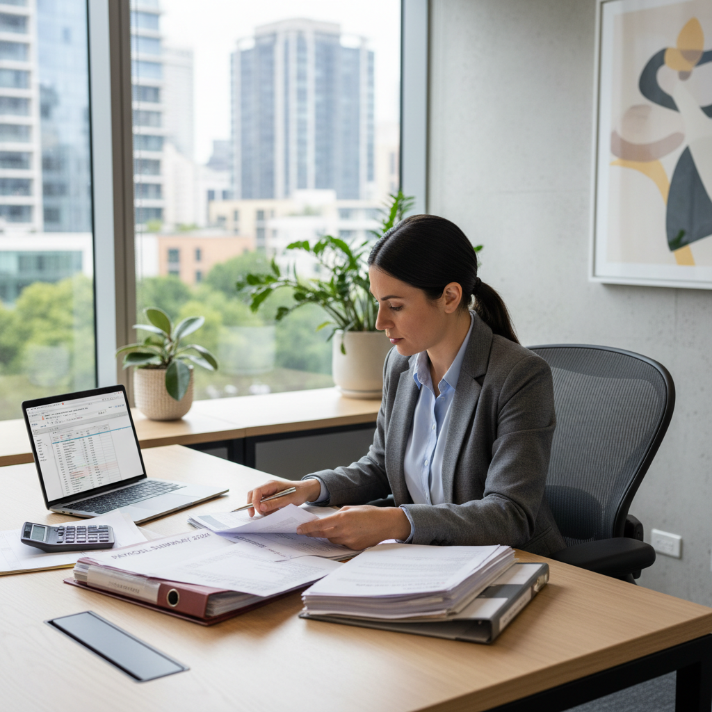 HR manager reviewing superannuation payroll documents and compliance forms in modern Australian office setting