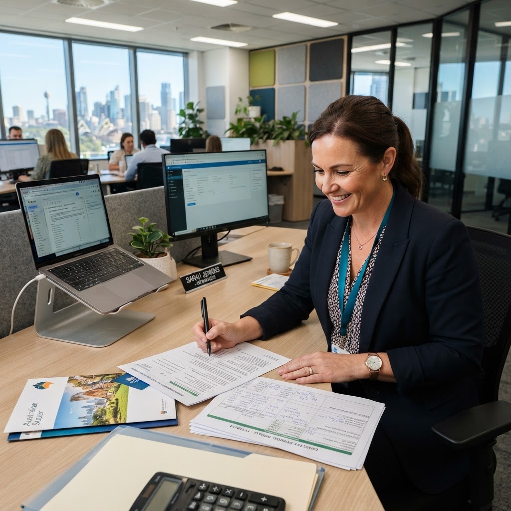 HR manager reviewing payday superannuation and payroll compliance documents in professional Australian office setting