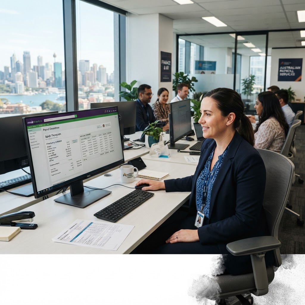 Australian payroll officer reviewing payslips and timesheets