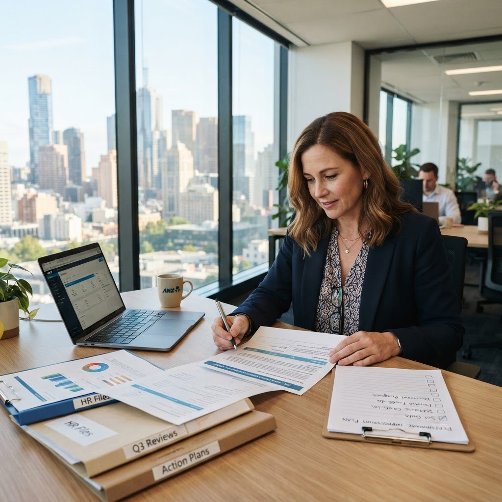 HR manager reviewing performance improvement plans and documentation at modern office desk with laptop