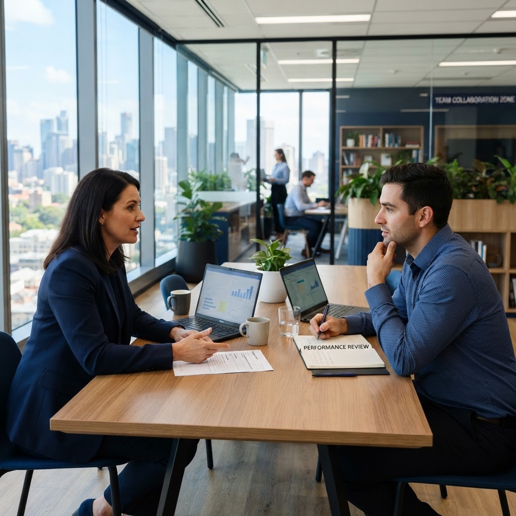 Australian manager giving feedback in a performance review meeting