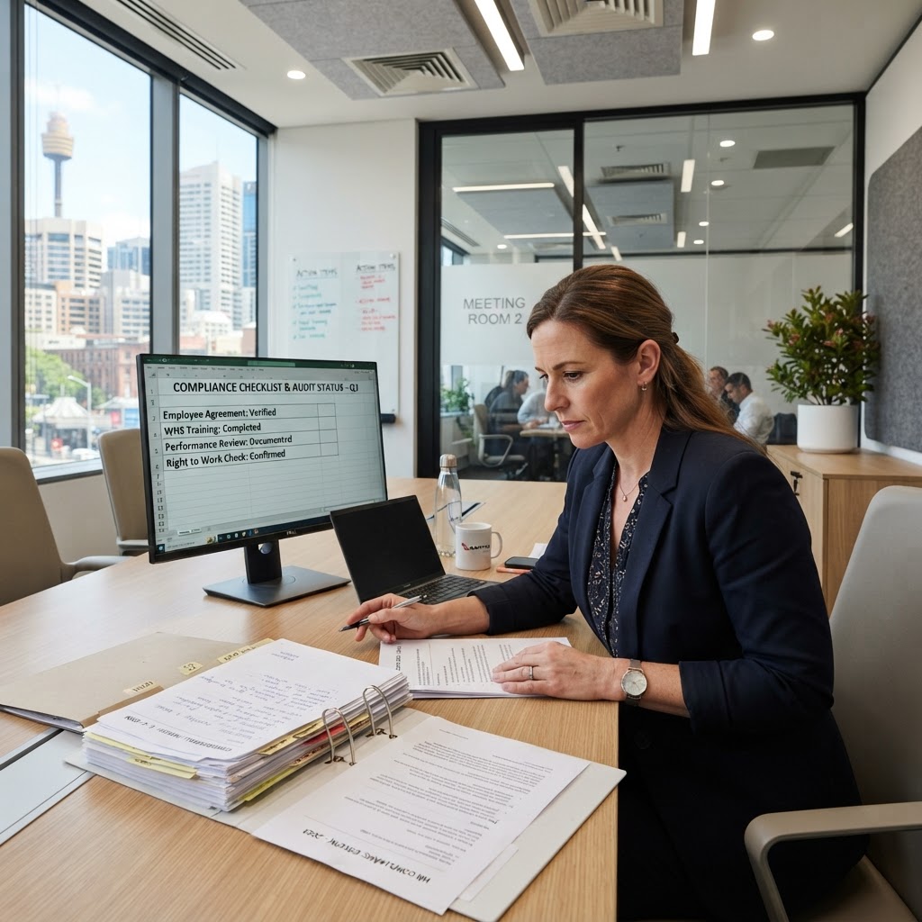 HR manager reviewing post-employment conduct documents and false evidence allegations in Fair Work investigation