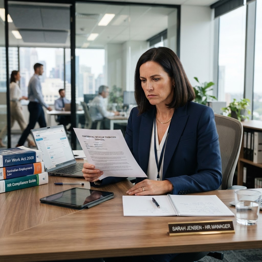 Professional HR manager reviewing probation period dismissal employment contract documentation.