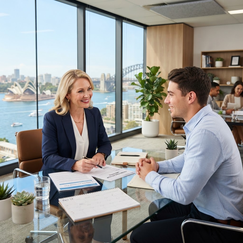 HR manager conducting a professional probation meeting with a new employee in an Australian office — probation period compliance and best practice