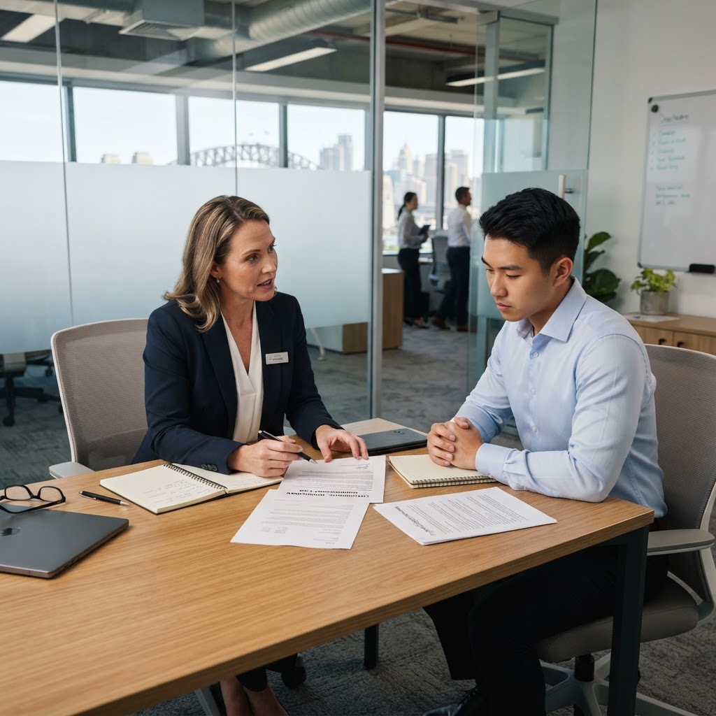 Professional Australian HR manager conducting fair dismissal meeting with documentation and employment contract visible
