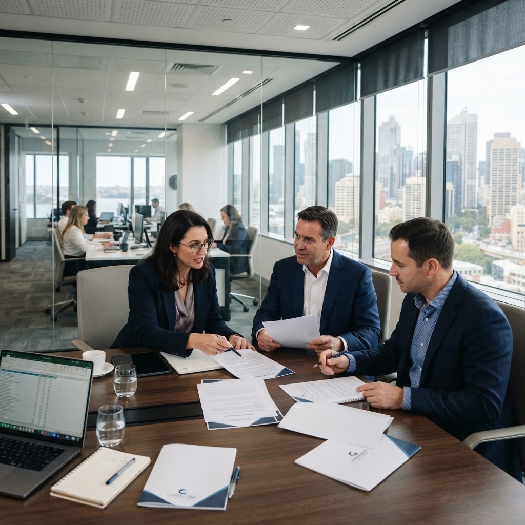 Australian professional services firm partners reviewing employment documents