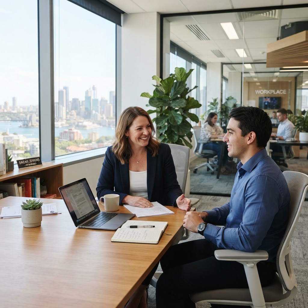 HR manager and employee having supportive conversation in professional Australian office, discussing psychosocial safety and mental health support